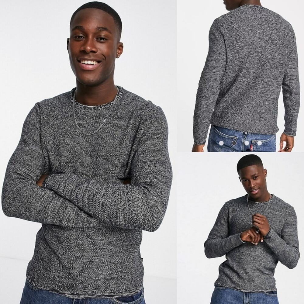 Only & Sons Charcoal Wiktor Grey & Black Marled Crewneck Sweater, Sz M